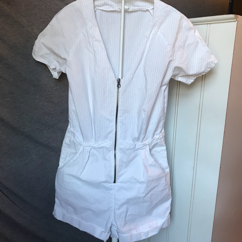 J. Crew white striped romper with zipper & pockets